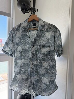 Men's Short-Sleeve Printed Button-Up Shirt, 120% Lino